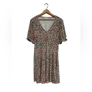 Boden Floral Mini Dress V-neck Size 10 Green Pink Super Soft Stretchy